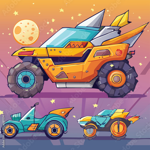 Cartoon Dune Buggies Off-Road Adventure with Cute Moon and Starry Sky in Bright Yellow and Blue Color Palettes