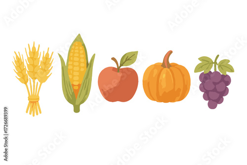 Colorful autumn harvest collection featuring fresh wheat, corn, red apple, orange pumpkin, and purple grapes