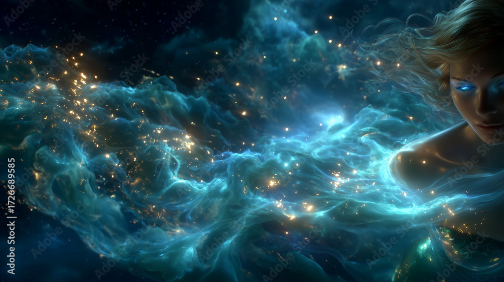 Fototapeta premium Epic image , with swirling smoke forming the shape of a breathtaking mermaid, pale white skin, long golden hair flowing like waves, glowing blue eyes.