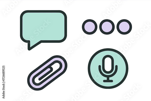 Essential communication and user interface icons featuring speech bubble, ellipsis, paperclip, and microphone symbols