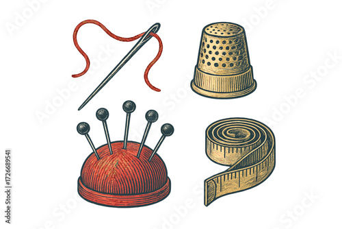 Vintage style sewing tools set with needle, thread, thimble, pincushion, and measuring tape for crafting and tailoring