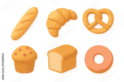 Collection of delicious fresh baked goods featuring baguette croissant pretzel muffin bread and donut