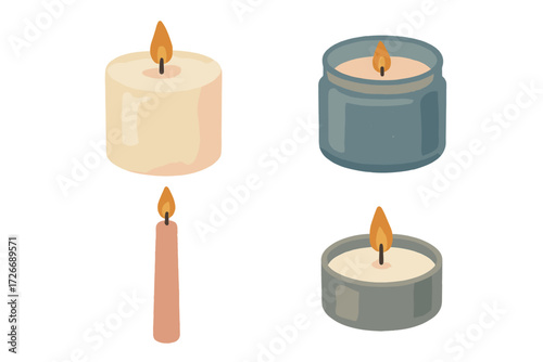 Various burning candles in different shapes and containers, including pillar, jar, taper, and tealight styles, providing warm light and cozy ambiance