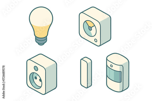 Isometric smart home automation devices set including light bulb, thermostat, power outlet, door sensor, and motion detector