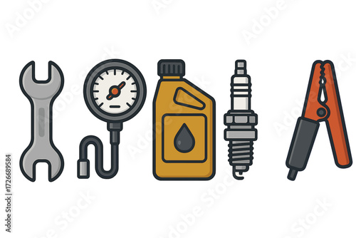 Automotive repair tools and car maintenance equipment set including wrench, motor oil, spark plug, tire pressure gauge, jumper cables