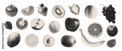 Fruits with halftone effects vector illustration. Natural tropical fruits. Lemon, banana, apple, orange slice, strawberry, grape, mango, kiwi. Trendy retro grunge collage.