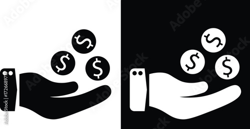 Hand holding coins in black and white vector illustration.