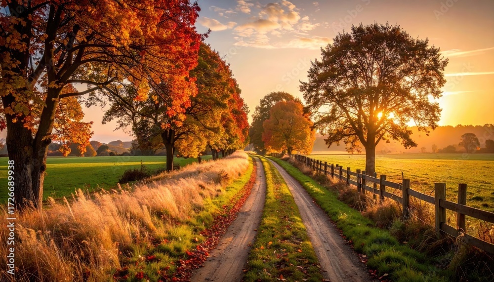 Naklejka premium Autumnal country lane at sunrise. Colorful trees line a dirt road, leading into a golden landscape