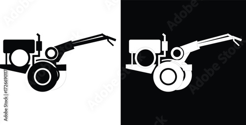 Black and white illustration of a tractor on contrasting backgrounds.