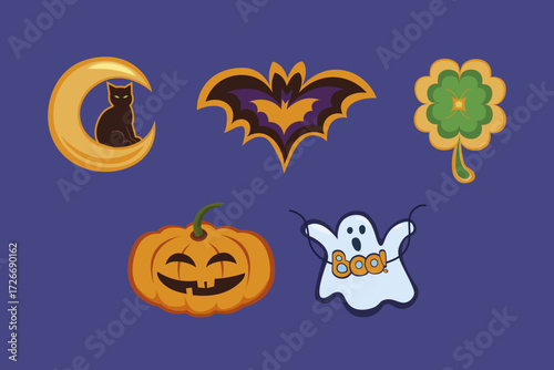 Cute Halloween set cat, bat, ghost, pumpkin, lucky clover. Holiday stickers flat vector illustration.
