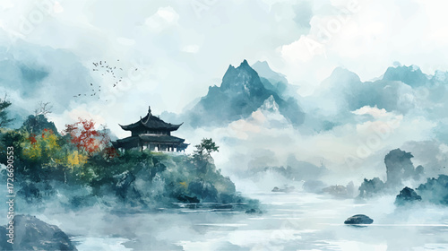 Traditional Asian, japan or chinese landscape painting with mountains, trees, and a pagoda by a lake watercolor background.