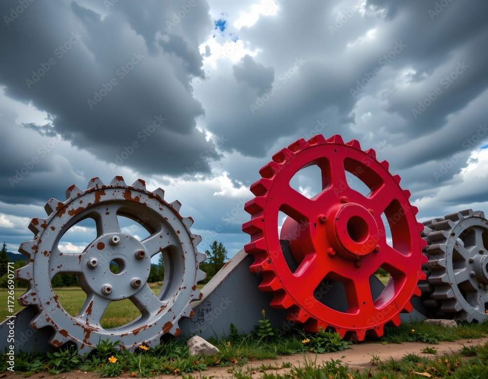 Fototapeta premium Industrial Gears Under Dramatic Stormy
