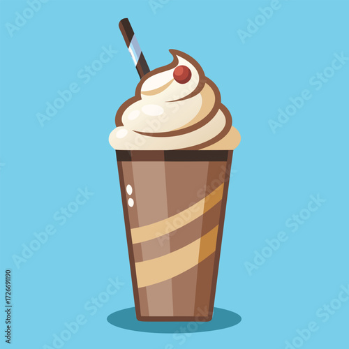 A chocolate milkshake in a disposable cup with whipped cream and a straw
