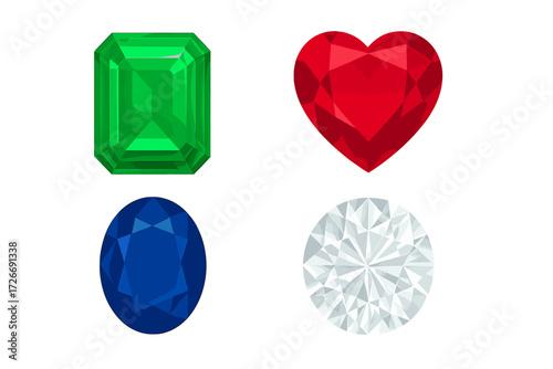Colorful faceted gemstones in various shapes including emerald, heart, oval, and round brilliant cuts
