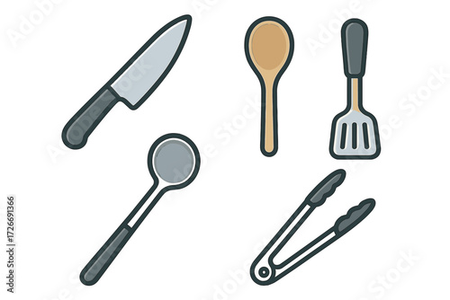 Essential kitchen cooking utensils set including knife, wooden spoon, spatula, ladle, and tongs for food preparation