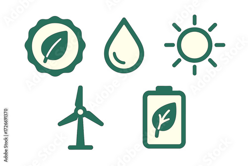 Clean graphic symbols representing ecological sustainability, renewable energy, and environmental conservation initiatives and concepts