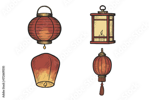Traditional Asian paper lanterns and sky lanterns with candles for festive cultural celebrations and decorative events