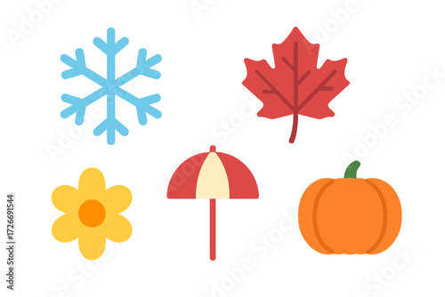 Collection of seasonal weather and nature symbols including snowflake, maple leaf, flower, umbrella, and pumpkin designs