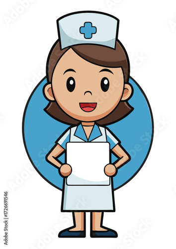 Cartoon nurse character holding a blank sign