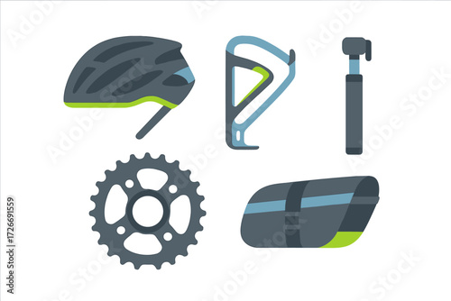 Essential cycling accessories set featuring a protective helmet, water bottle cage, portable pump, bike sprocket, and convenient saddle bag