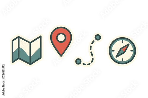 Essential navigation and travel elements including map, location pin, path, and compass for journey planning