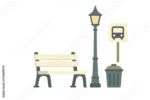 Urban street furniture collection with park bench, lamppost, bus stop, and trash can for public city spaces