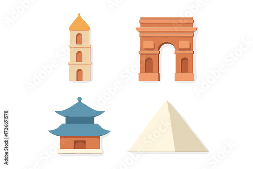 Famous world landmarks and architectural monuments representing global travel, tourism, and international destinations
