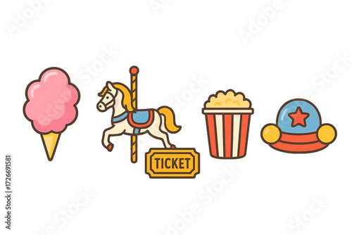 Amusement park carnival fair food and entertainment icons including cotton candy carousel horse popcorn circus hat