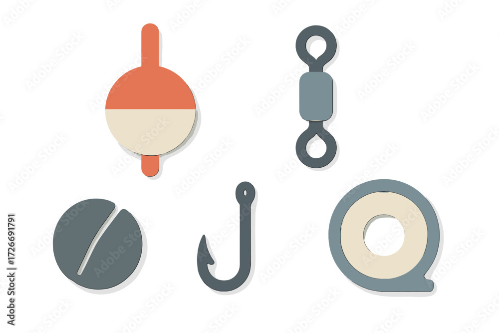 Φωτογραφία Collection of essential fishing tackle elements featuring a bobber, hook, sinker