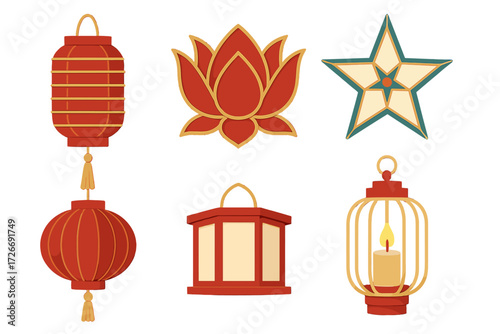 Vibrant collection of traditional Asian festive lanterns, a beautiful lotus flower, and a decorative star symbol for cultural celebrations