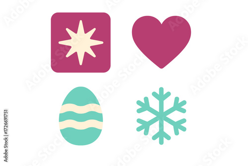 Variety of holiday and seasonal symbols like a shining star, loving heart, patterned egg, and frosty snowflake