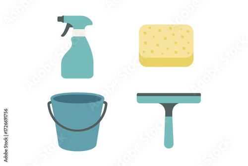 Collection of household cleaning supplies and equipment for domestic sanitation and hygiene maintenance