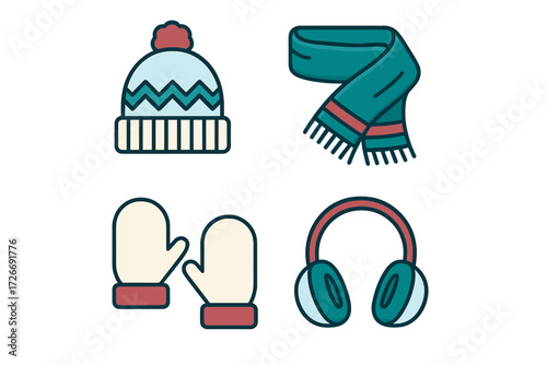 Essential winter clothing accessories set featuring a warm knitted hat, cozy scarf, protective mittens, and comfortable earmuffs