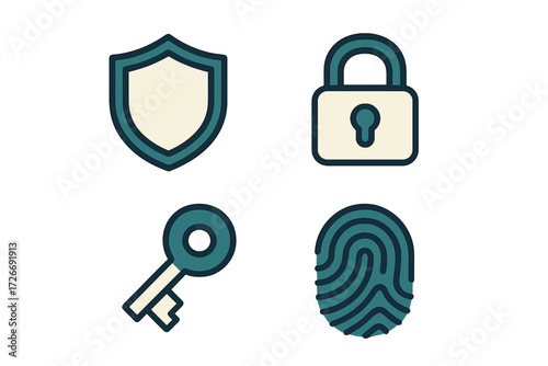 Comprehensive digital security and access icons set featuring shield, padlock, key, and fingerprint symbols for data protection