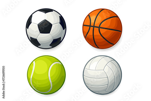 Collection of popular sports balls including soccer, basketball, tennis, and volleyball for various athletic activities