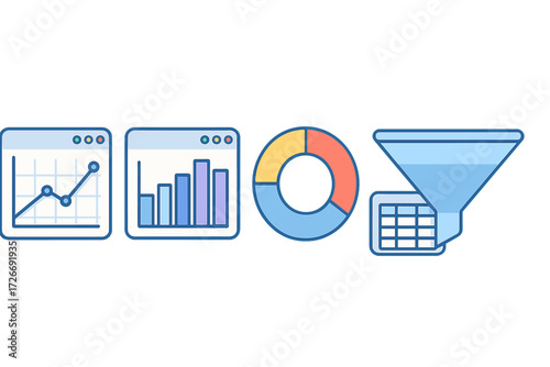 Collection of data analysis and visualization icons featuring line graph, bar chart, pie chart, and filtering funnel