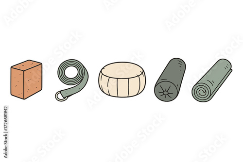 Essential yoga and meditation accessories including a block, strap, cushion, bolster, and rolled mat for a mindful practice