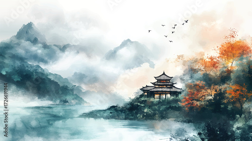 Traditional Asian, japan or chinese landscape painting with mountains, trees, and a pagoda by a lake watercolor background.