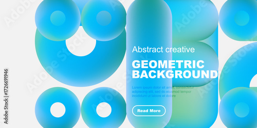 Abstract geometric shapes, blue tones, modern design. Text overlay includes geometric background, plus sample text, button.