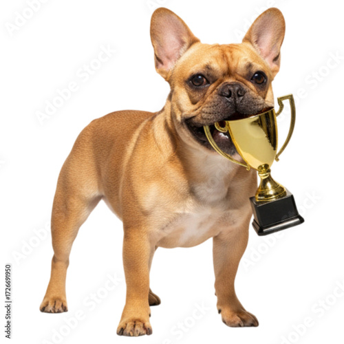 French bulldog holding a trophy in its mouth isolated on transparent background
