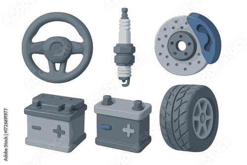 Essential automotive parts collection including steering wheel, spark plug, brake disc, car batteries, and tire for vehicle maintenance