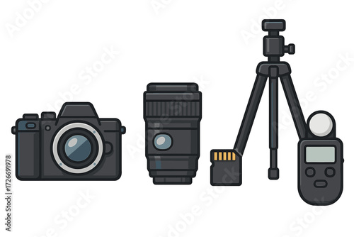 Professional photography equipment set with camera, lens, tripod, light meter, and memory card for creative projects