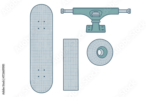 Technical blueprint style representation of skateboard components including deck, truck, and wheel for assembly