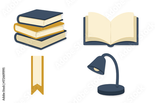 Collection of educational items including a stack of books, an open book, a bookmark, and a modern desk lamp