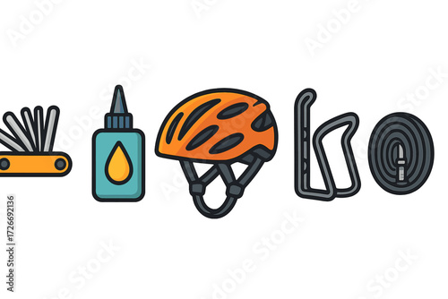 Cycling essentials set with helmet, multi-tool, tire sealant, water bottle cage, and inner tube