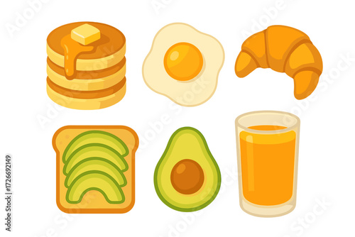 Variety of popular breakfast food items featuring pancakes fried egg croissant avocado toast and orange juice