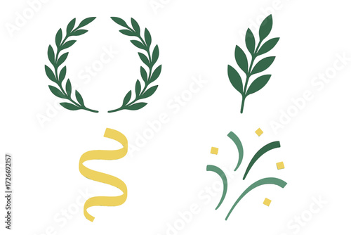 Collection of celebratory elements including laurel wreath, olive branch, curling ribbon, and confetti burst