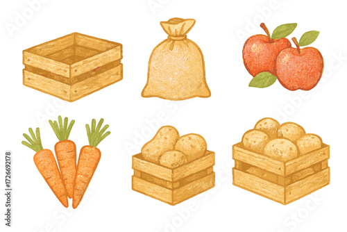 Collection of organic farm goods featuring ripe apples, crisp carrots, earthy potatoes, and rustic wooden crates with a sack
