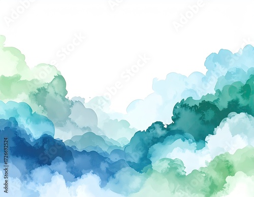 Abstract watercolor cloudscape. Soft blues, greens, and whites layered to create a sense of depth and movement