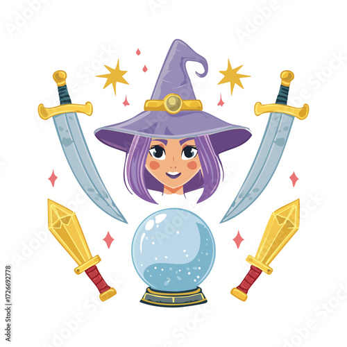 A charming cartoon illustration of a young sorceress with a magic crystal ball and fantasy swords for a mystical adventure concept